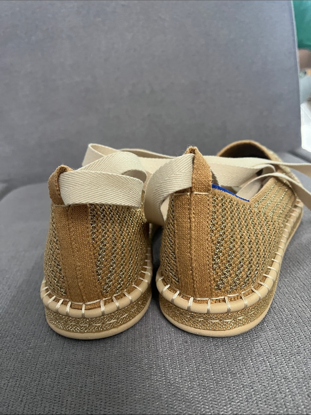 Rothy's Tan Woven Espadrille Flats with Cream Ankle Tie 9.5 - Picture 2 of 5